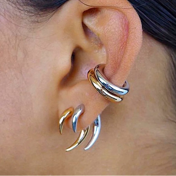 Gold Double Spiked Horn Earrings Minimalist Tusk Front Back Spike Punk Gothic - Picture 1 of 13